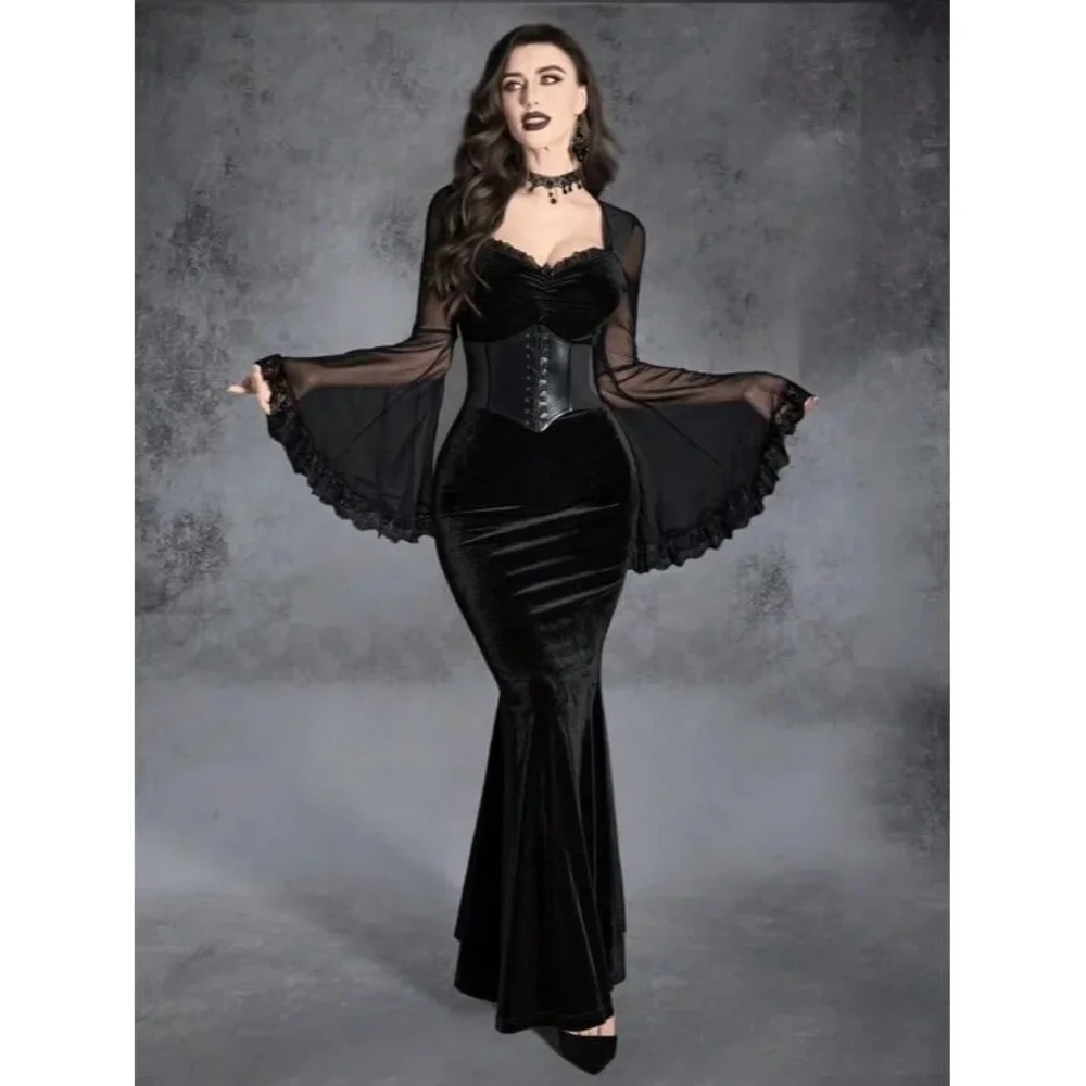 Luxurious Gothic Dress: Velvet Flounce Sleeve with Sweetheart Neck, Size Small - Picture 7 of 7